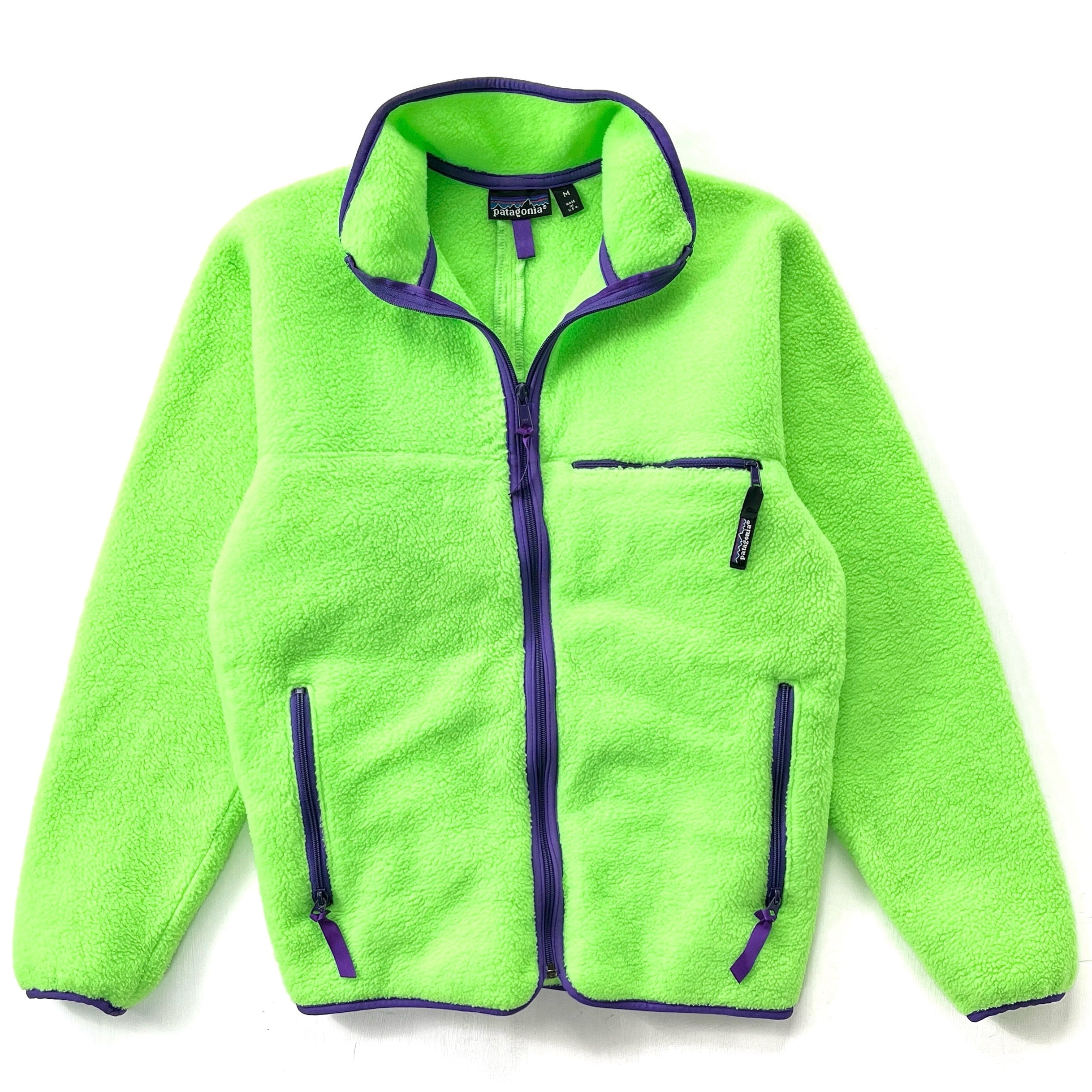 1989 Patagonia Made In The U.S.A. Synchilla Cardigan, Neon Green (S)