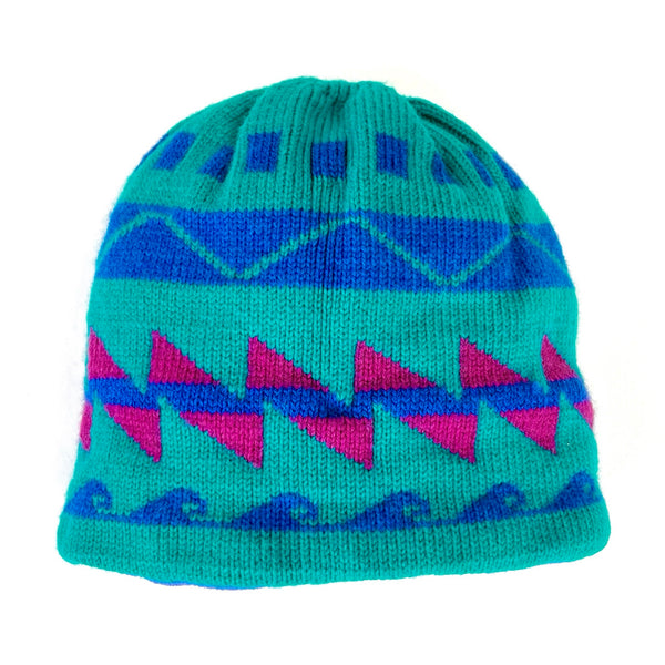 1990 Patagonia Fleece-Lined Capilene Wool Knit Hat, Bright Emerald & Pink (OS)