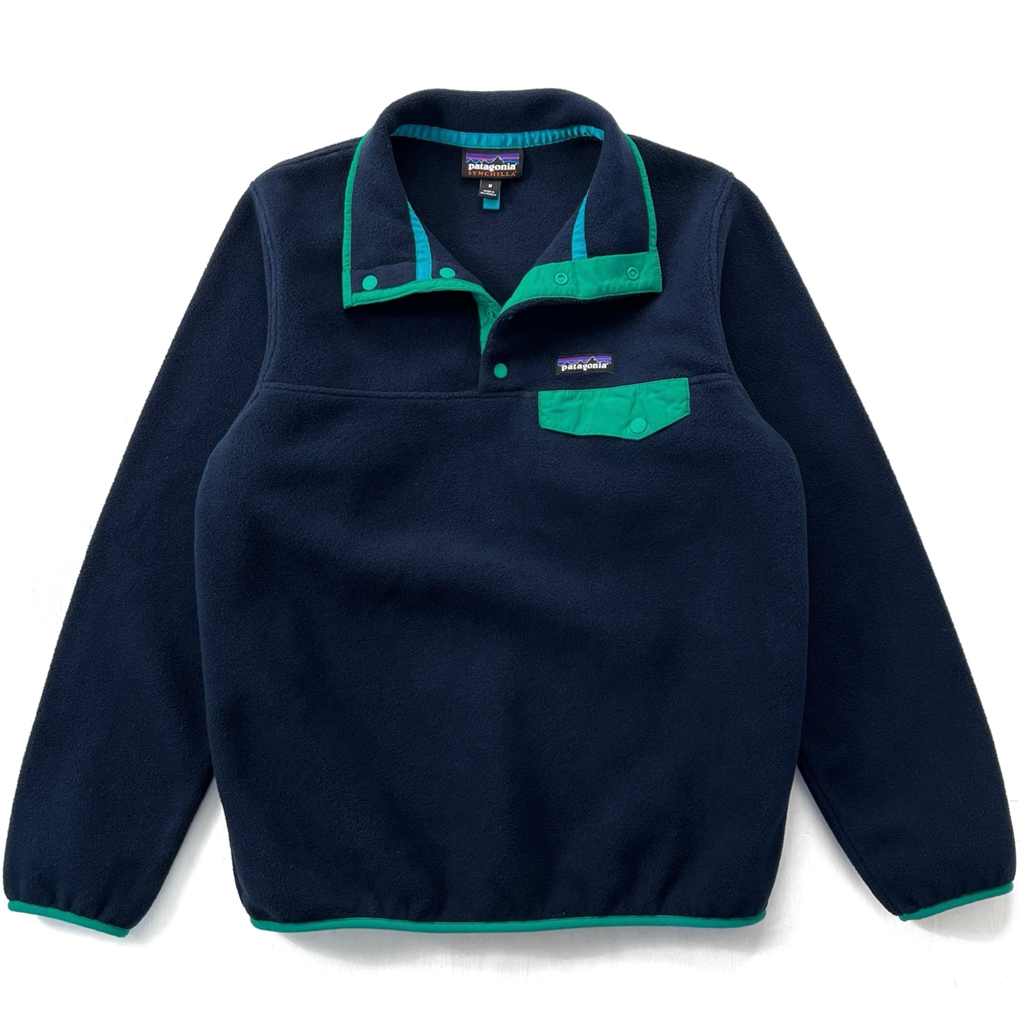 2016 Patagonia Womens Synchilla Snap-T Fleece Pullover, Navy & Emerald (M)