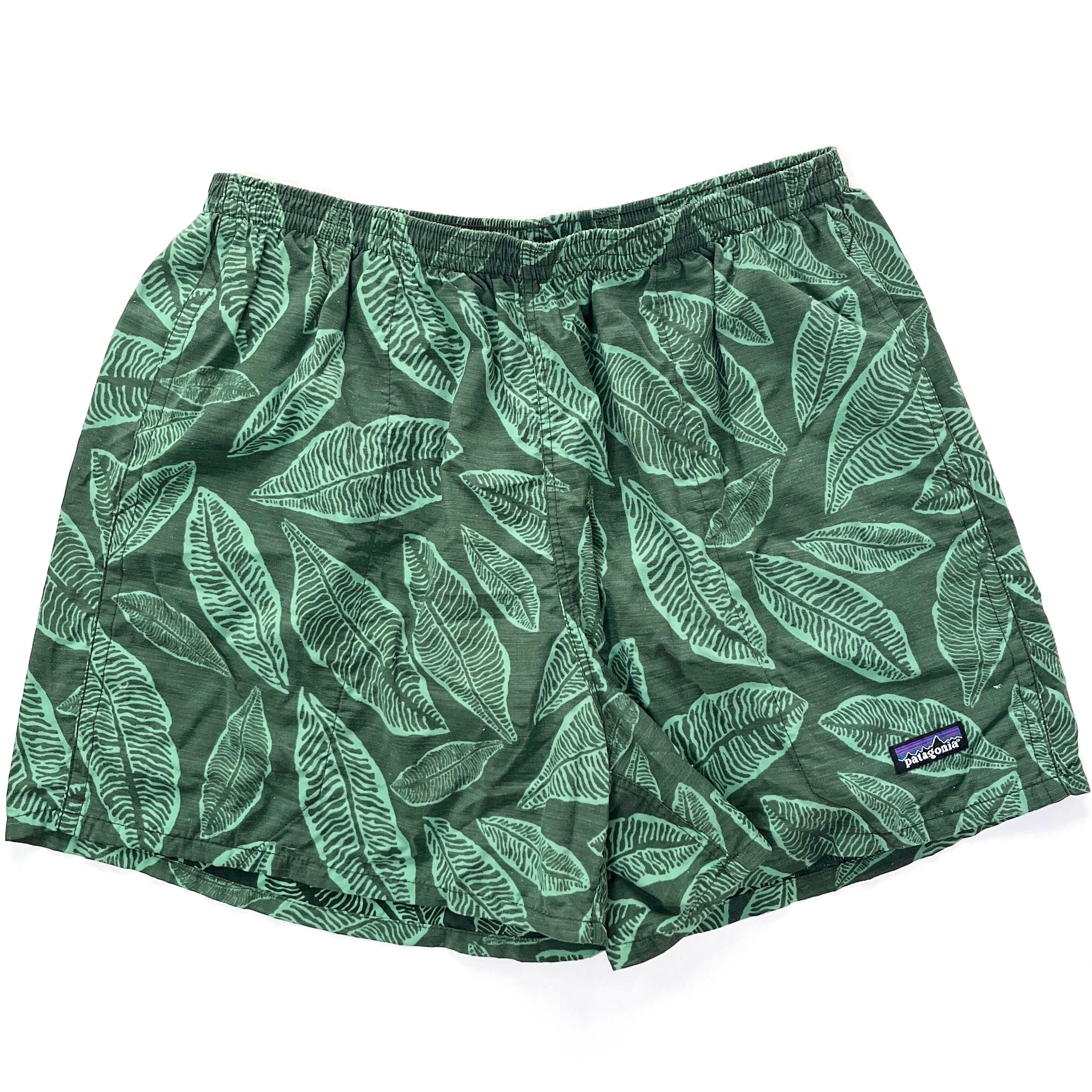 2005 Patagonia Mens 5” Printed Nylon Baggies Shorts, Leaf Print
