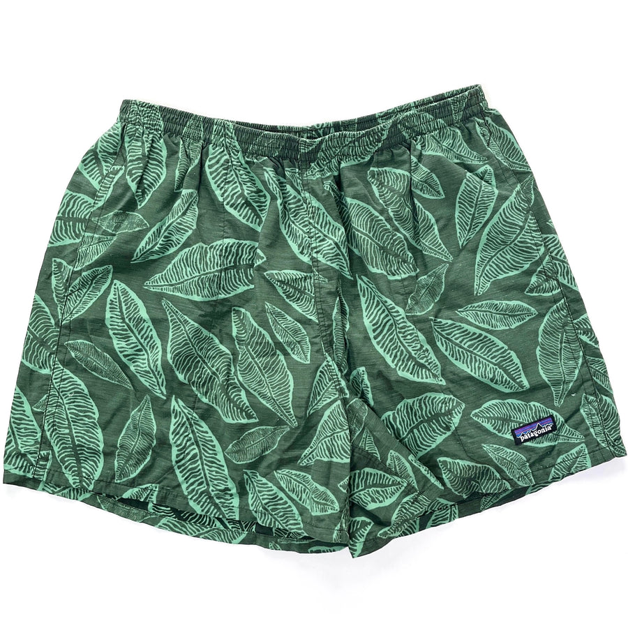 2005 Patagonia Mens 5” Printed Nylon Baggies Shorts, Leaf Print: Green (L)