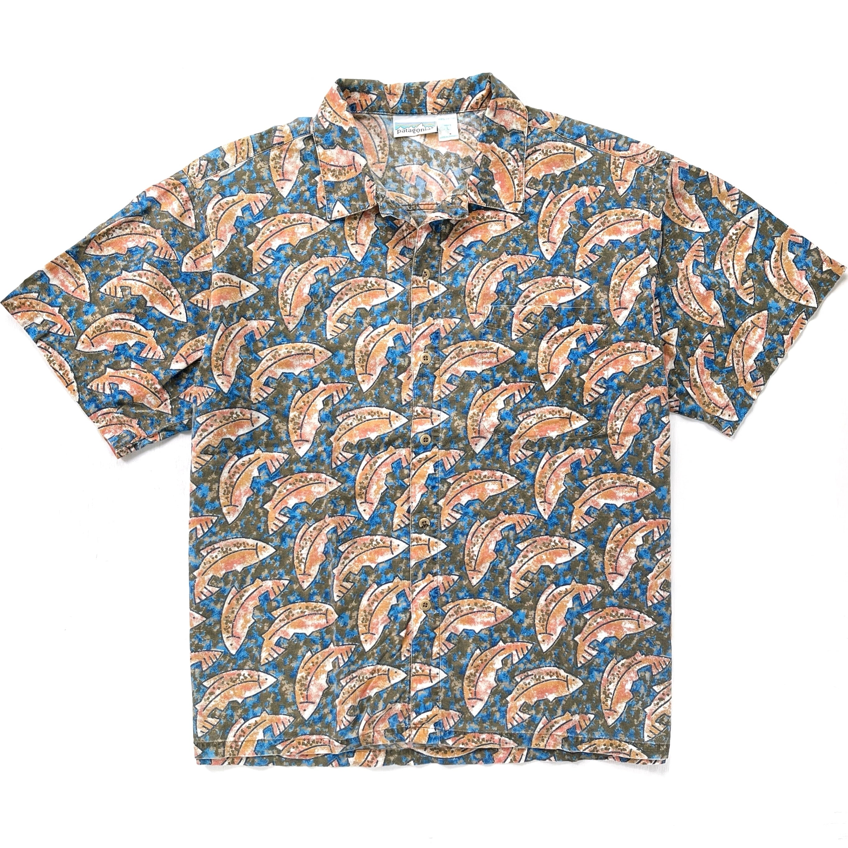 1992 Patagonia Mens A/C Cotton Print Shirt, Fish: Seaweed (L/XL)