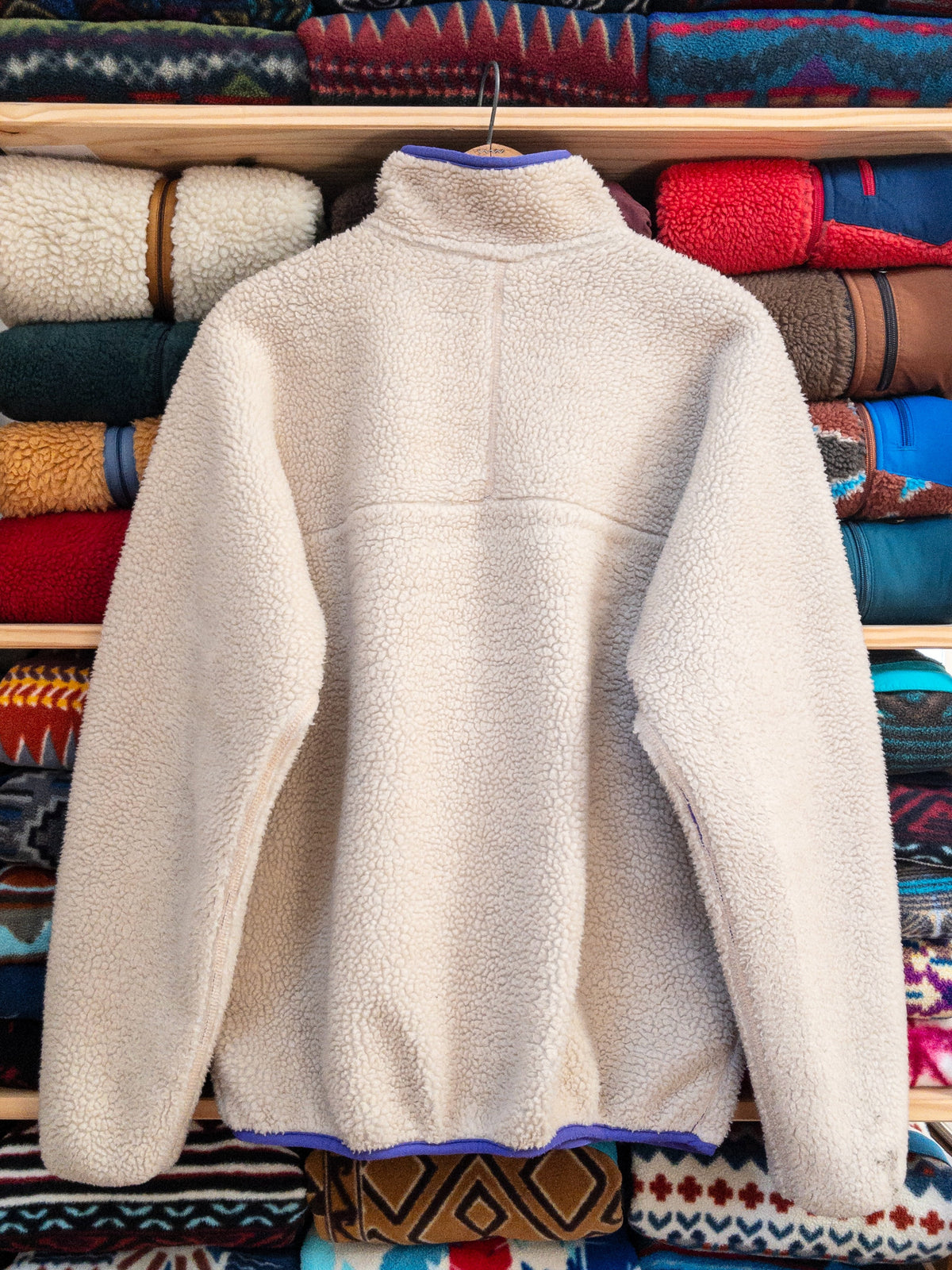 1992 Patagonia Made In The U.S.A. Retro Pile Cardigan, Natural / Purple (L)