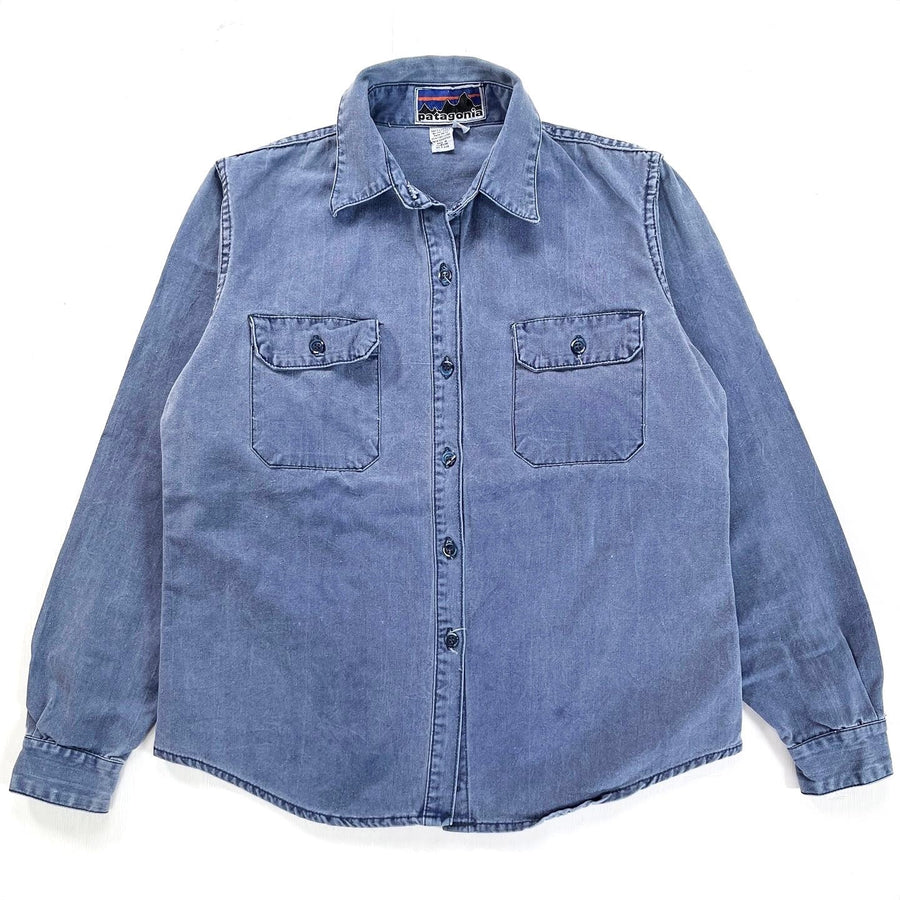 1970s Patagonia “Big Label” Cotton Canvas Shirt, Faded Blue (S)
