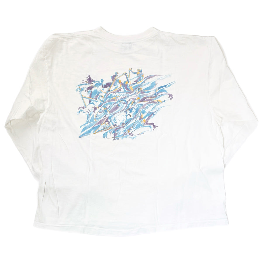 1990 Patagonia Made In The U.S.A. Long Sleeve Graphic T-Shirt, White (XL)