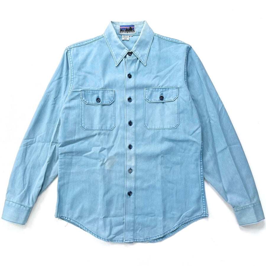 1970s Patagonia “Big Label” Cotton Canvas Shirt, Light Blue (M)