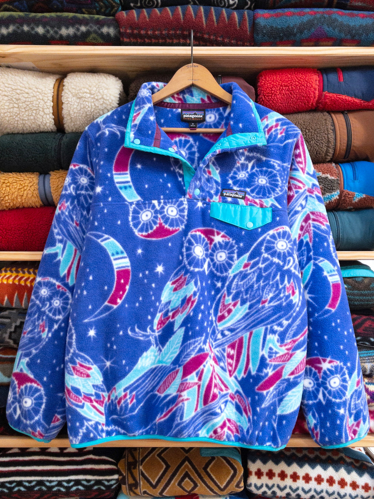 2016 Patagonia Womens Printed Synchilla Snap-T, Harvest Moon Owl (M)