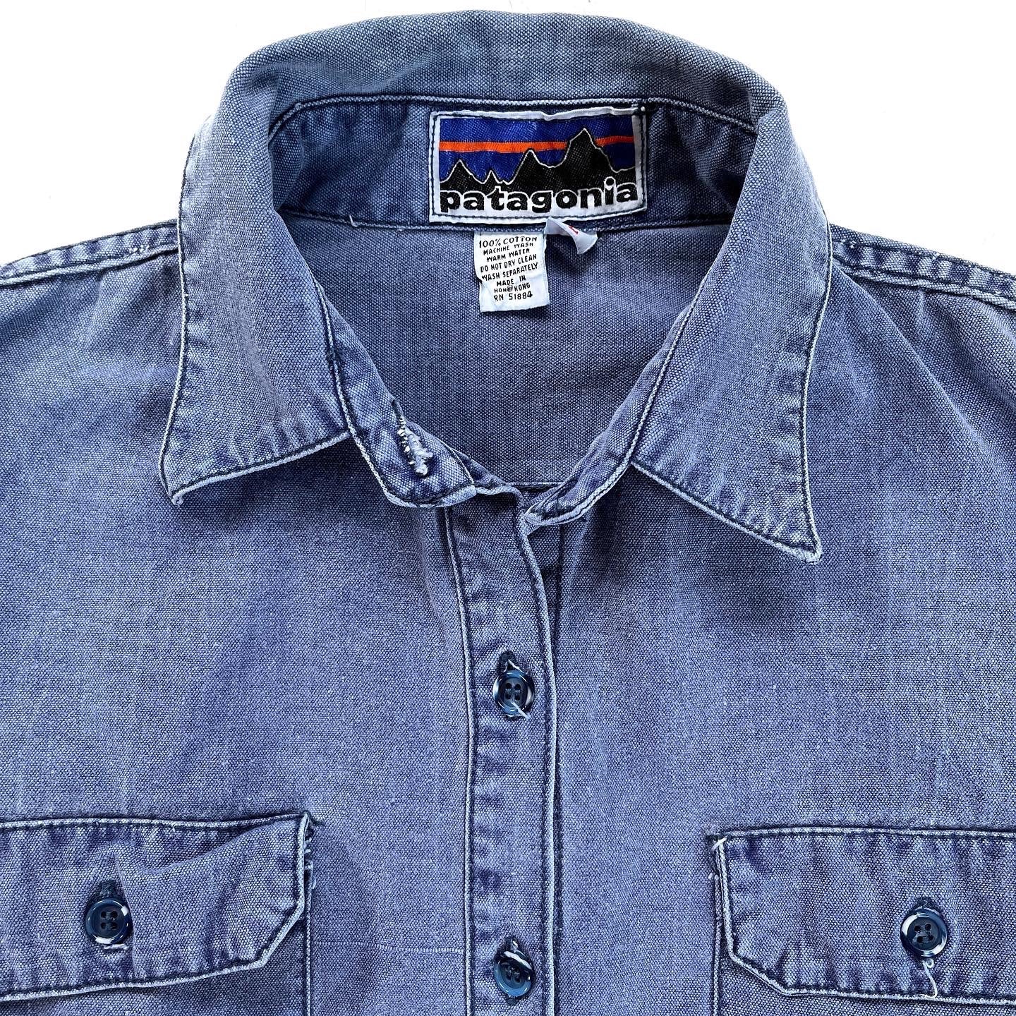 1970s Patagonia “Big Label” Cotton Canvas Shirt, Faded Blue (S)