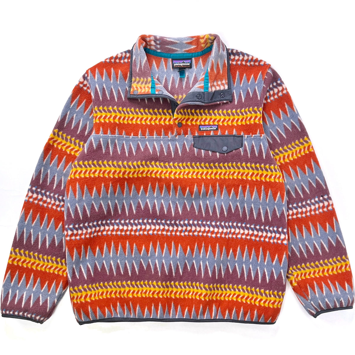2017 Patagonia Womens Printed Synchilla Snap-T, Laughing Waters: Dark Ruby (L)