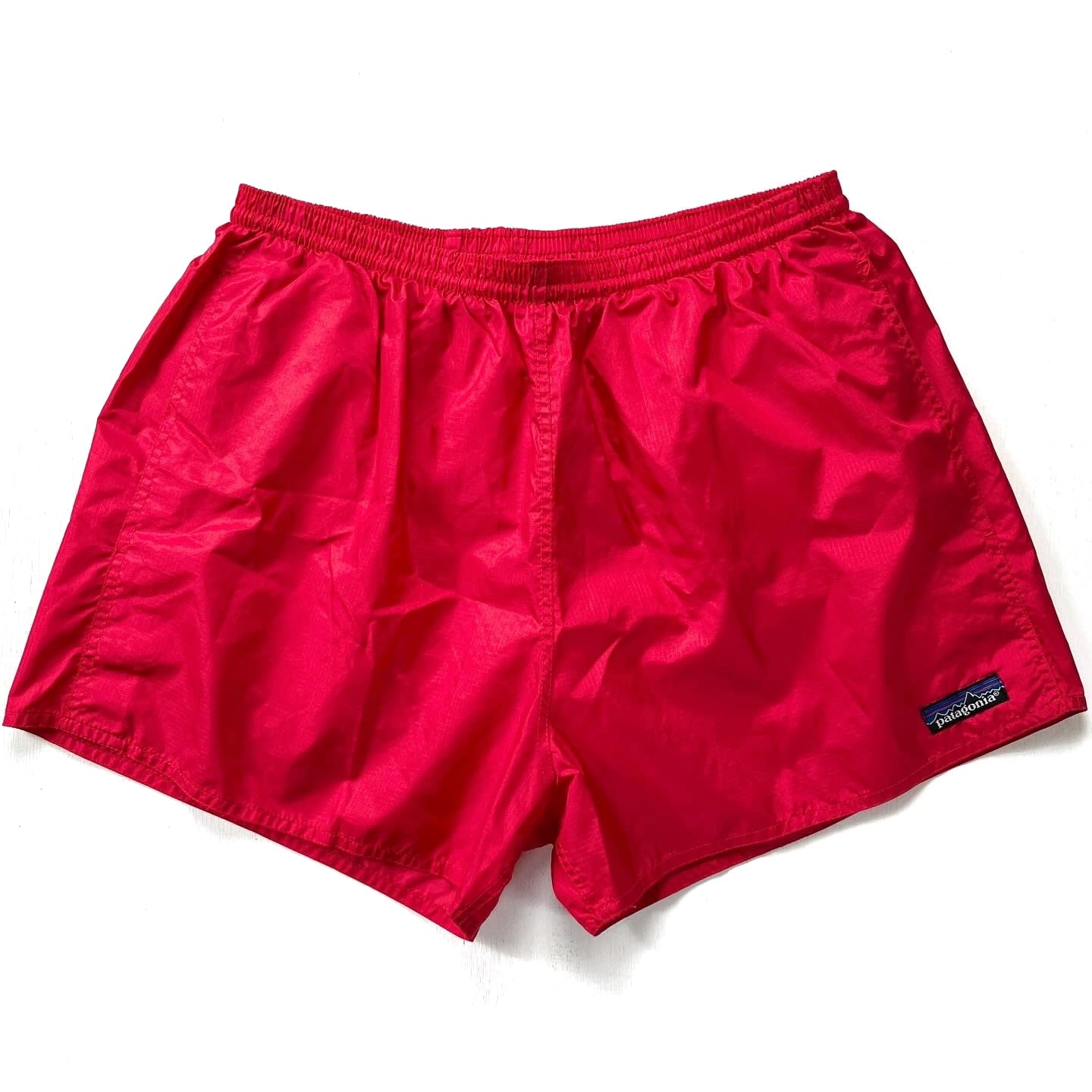 1980s Patagonia Mens 3” Ripstop Baggies Lites Shorts, Red (L)