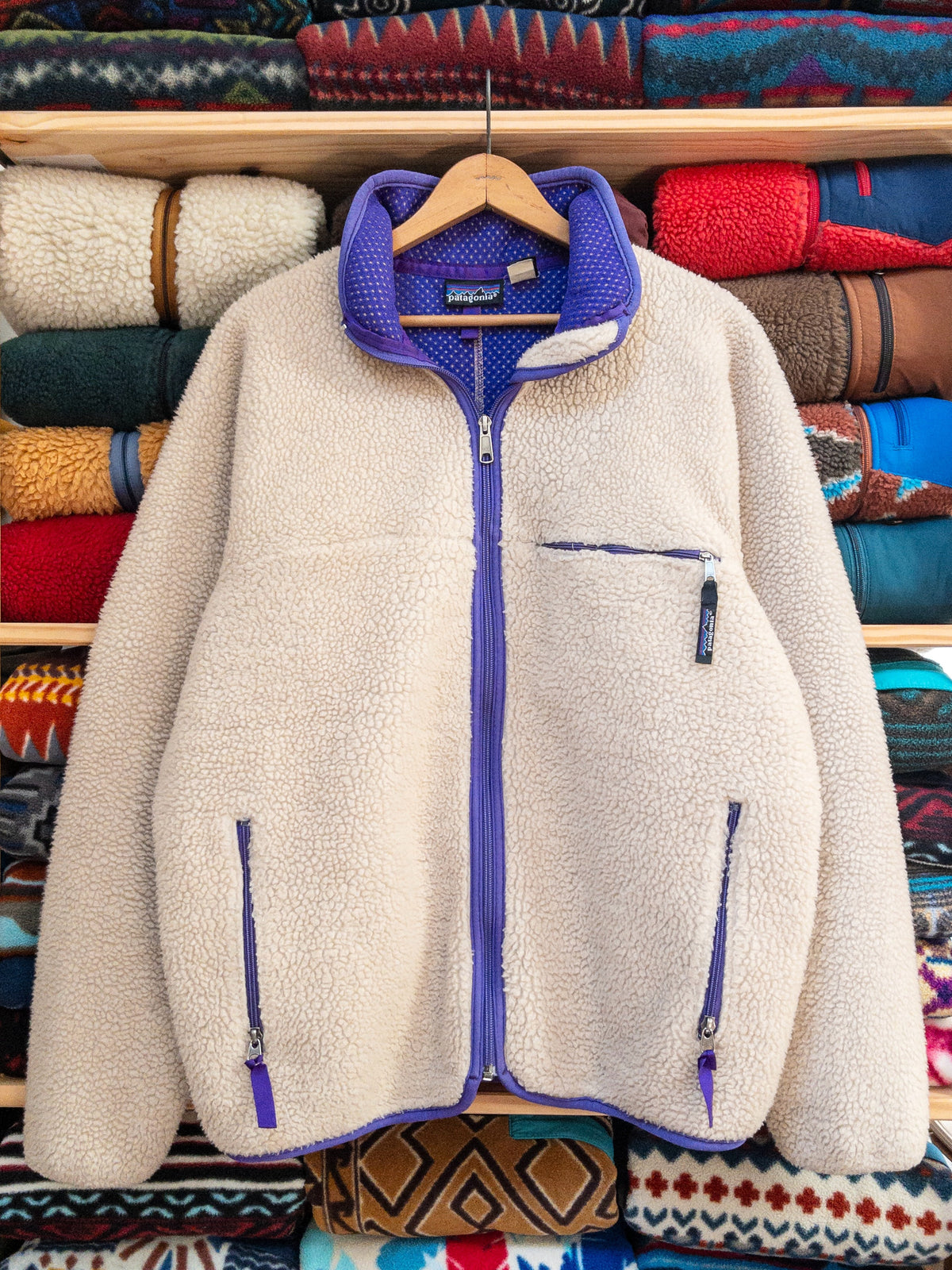 1992 Patagonia Made In The U.S.A. Retro Pile Cardigan, Natural / Purple (L)