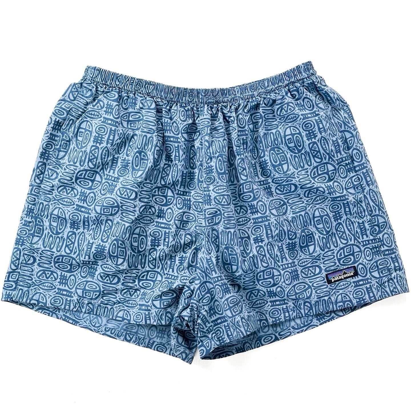 2001 Patagonia Mens 4” Printed Nylon Baggies Shorts, Light Blue (L)