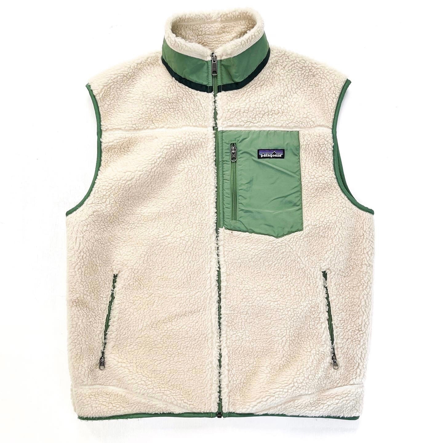 2009 Patagonia Classic Retro-X Fleece Vest, Natural & Elm Green (L)