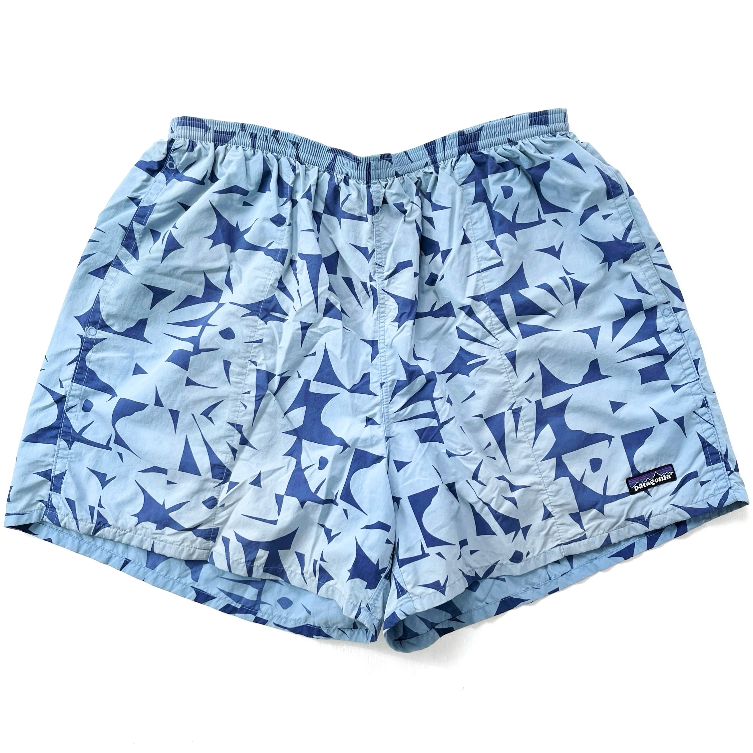 2005 Patagonia Mens 5” Printed Nylon Baggies Shorts, Blue (XL)