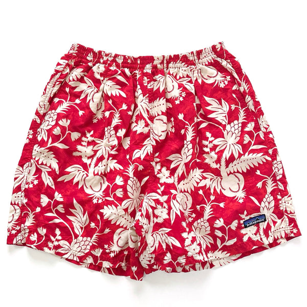 1999 Patagonia Womens 5” Printed Nylon Baggies Shorts, Red Tropical Print (M)