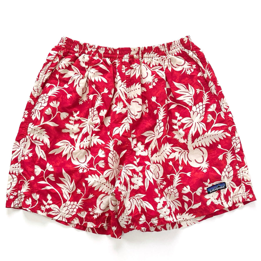 1999 Patagonia Womens 5” Printed Nylon Baggies Shorts, Red Tropical Print (M)