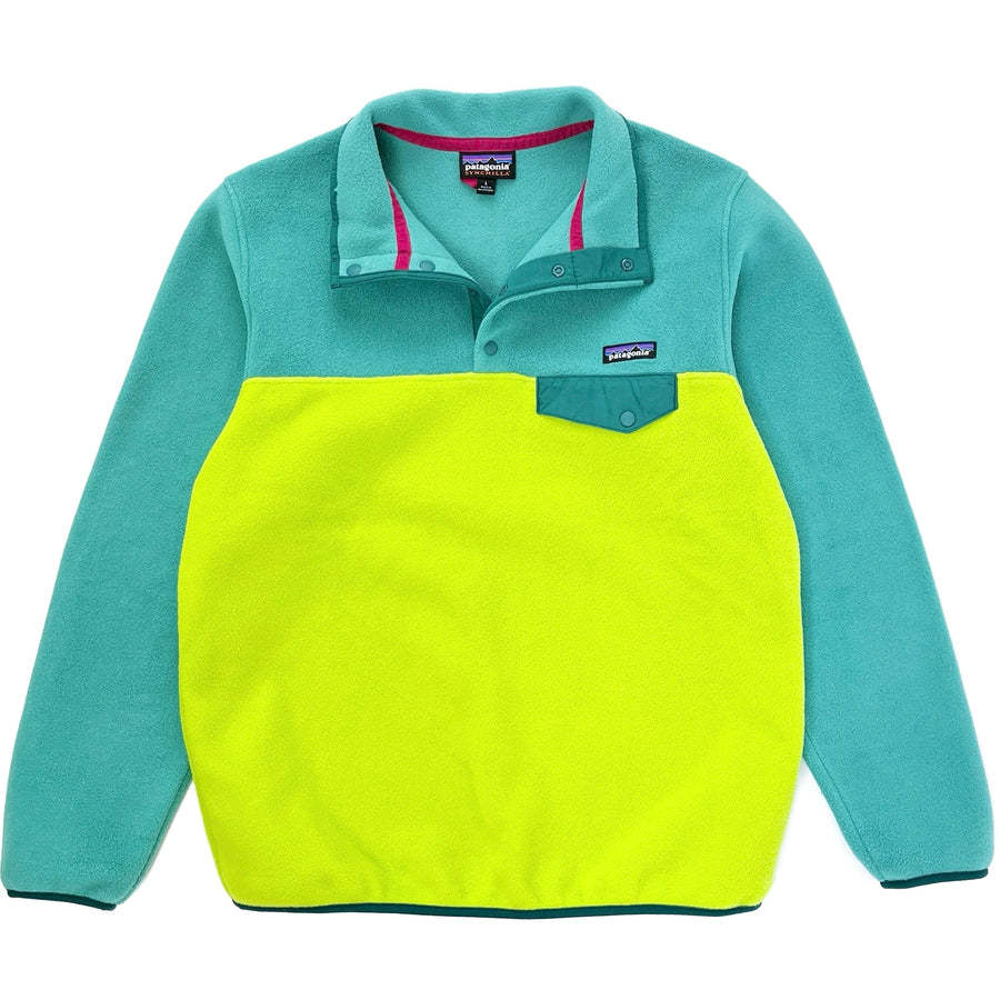 2015 Patagonia Womens Synchilla Snap-T Pullover, Light Teal & Neon Green (L)