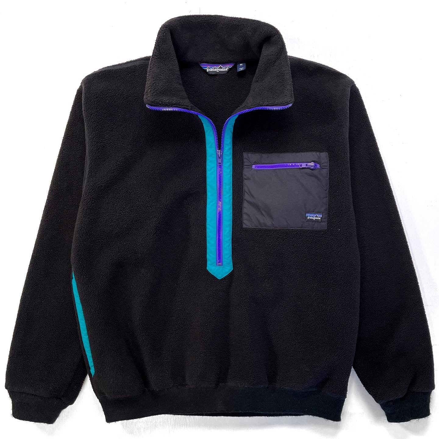 1988 Patagonia Synchilla Half-Zip Sweater, Black & Emerald (M)