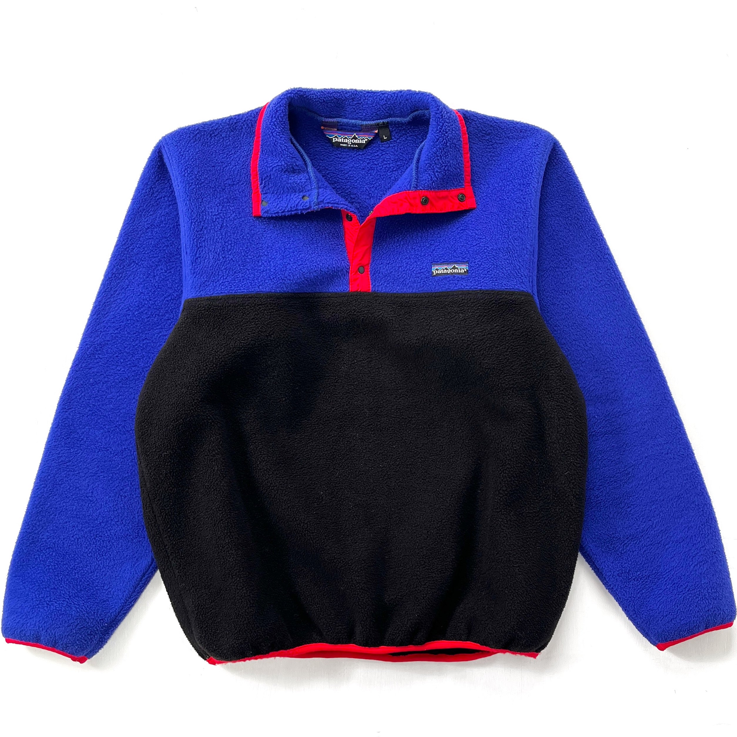 1987 Patagonia Synchilla Tri-Color Snap T-Neck, Cobalt & Black (L)