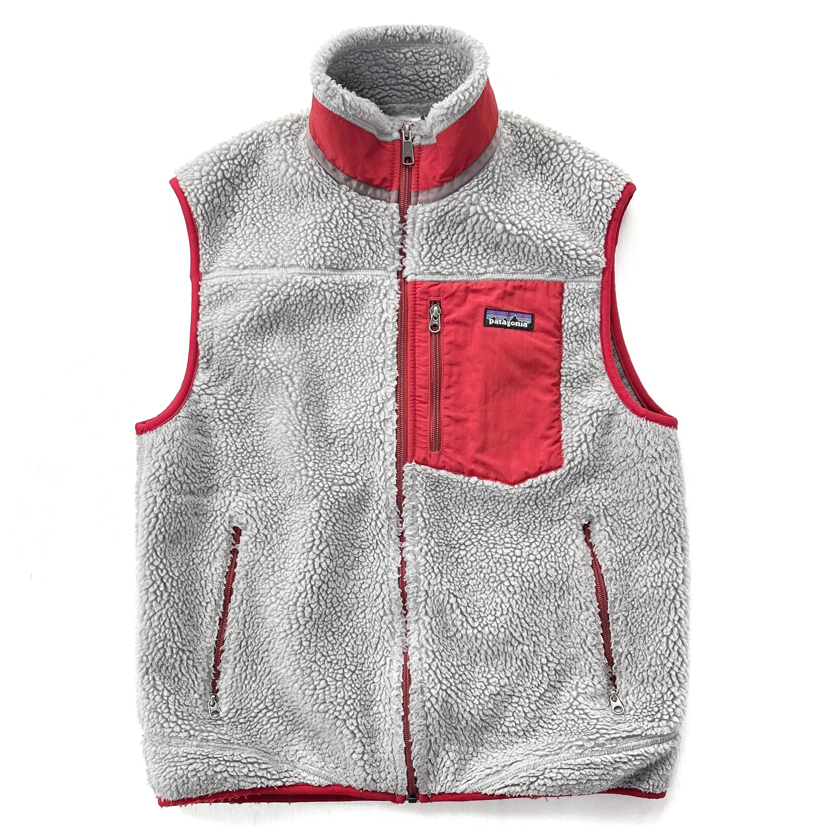 2009 Patagonia Classic Retro-X Fleece Vest, Light Grey & Red (M)