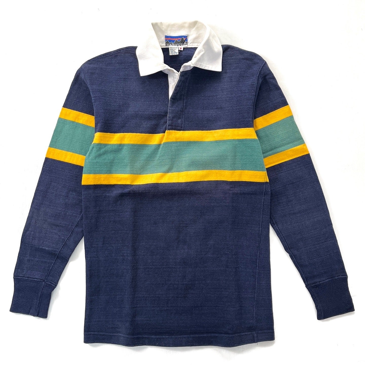 1970s Patagonia First Generation Big Label Rugby Shirt, Navy / Green / Gold (S)