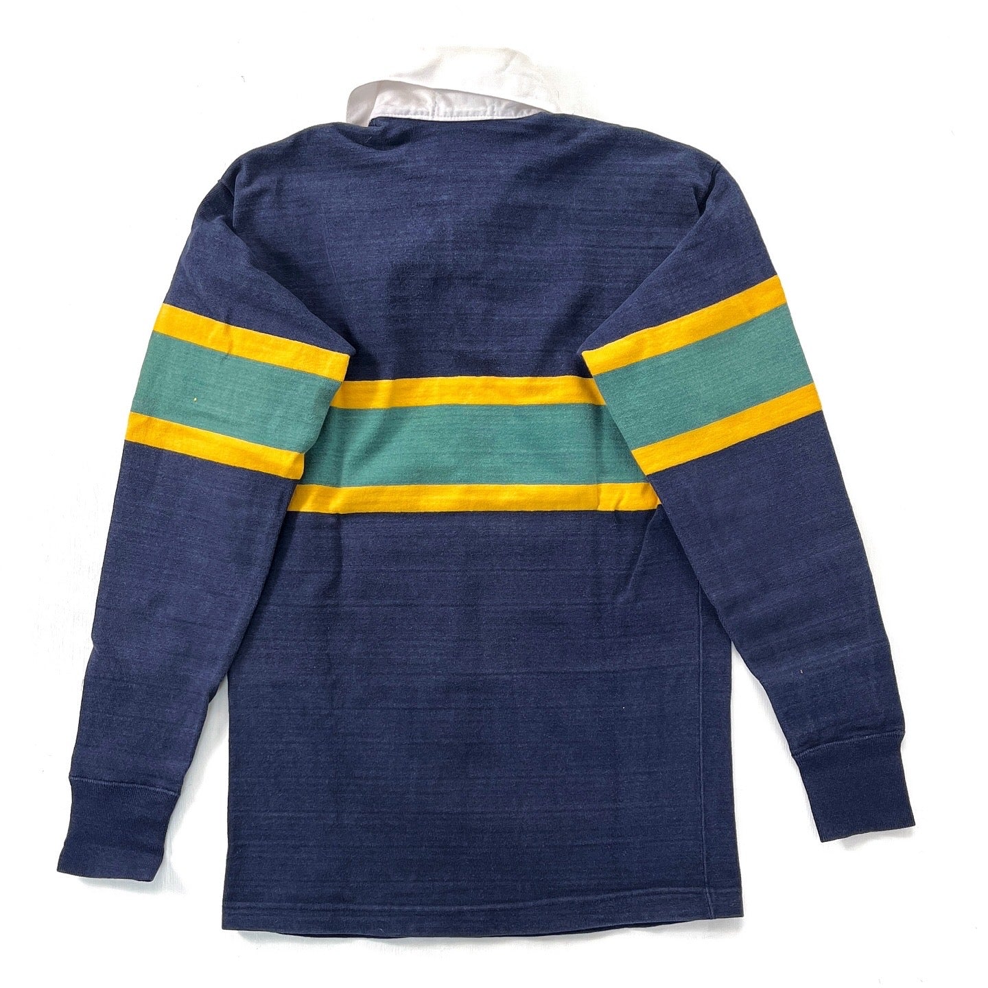 1970s Patagonia First Generation Big Label Rugby Shirt, Navy / Green / Gold (S)