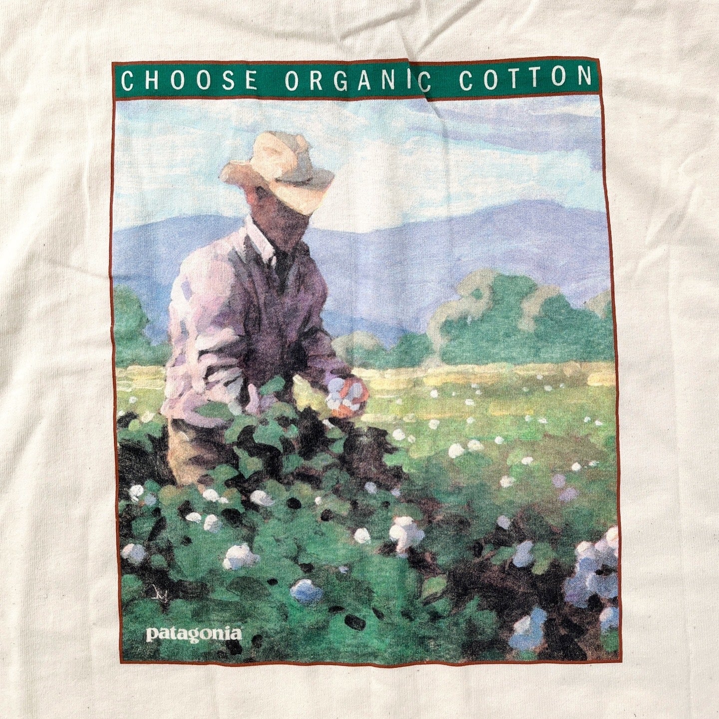 1990s Patagonia NWT Made In The U.S.A. Organic Cotton T-Shirt, Farmer Print (L)