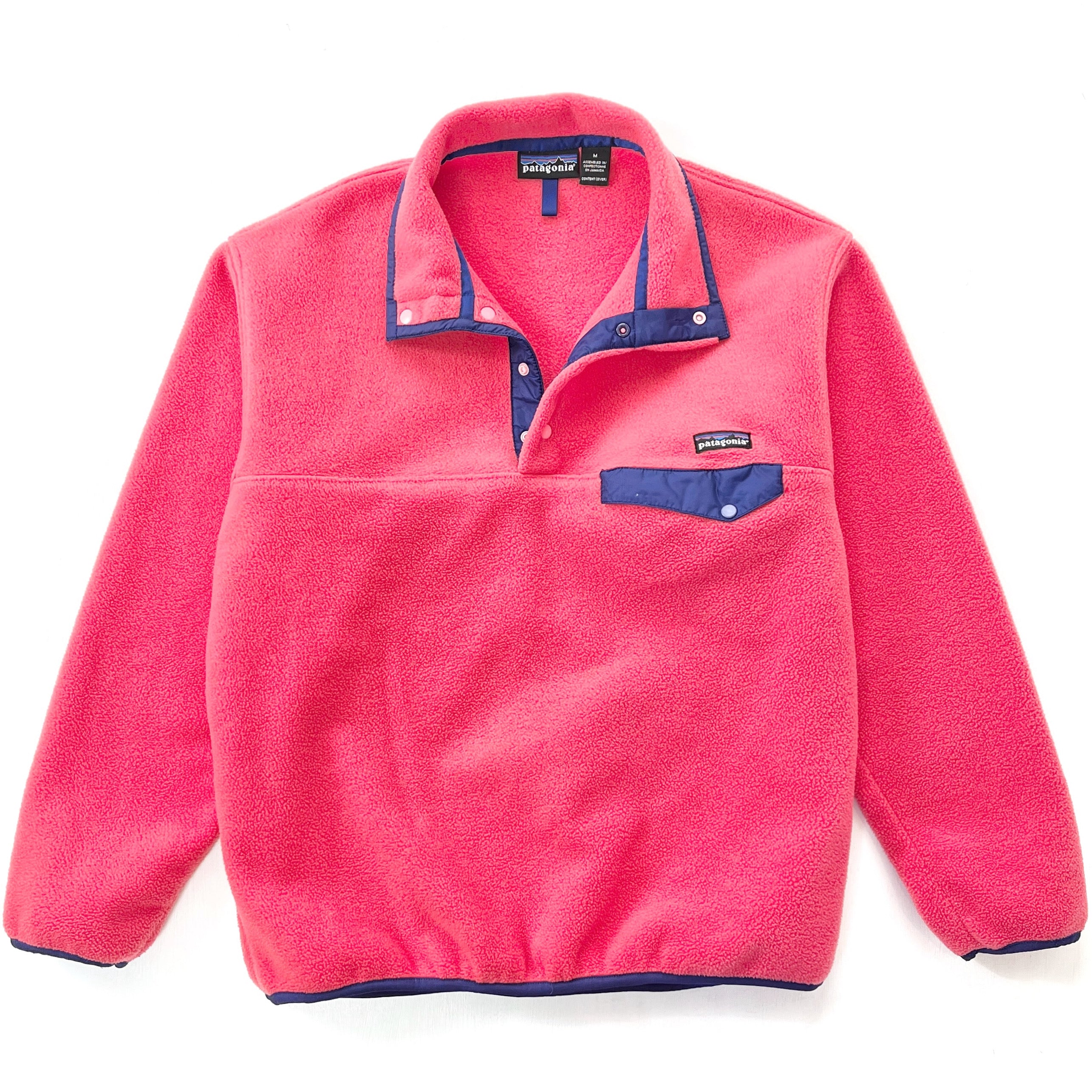 1995 Patagonia “No Snow” Synchilla Snap-T Pullover, Coral & Bright Purple (M)