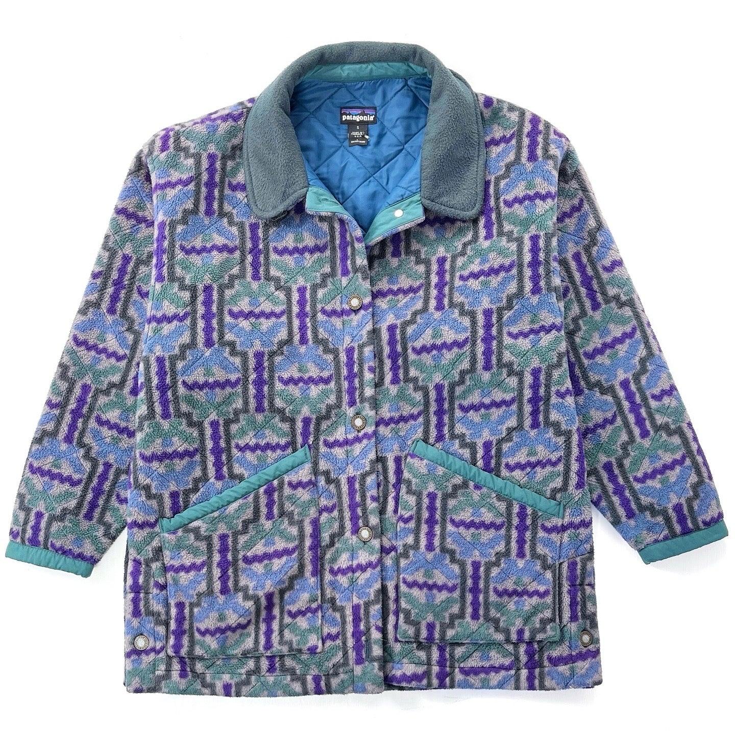 1993 Patagonia Womens Printed Quilted Synchilla Coat, Tehuelche: Charcoal (M/L)