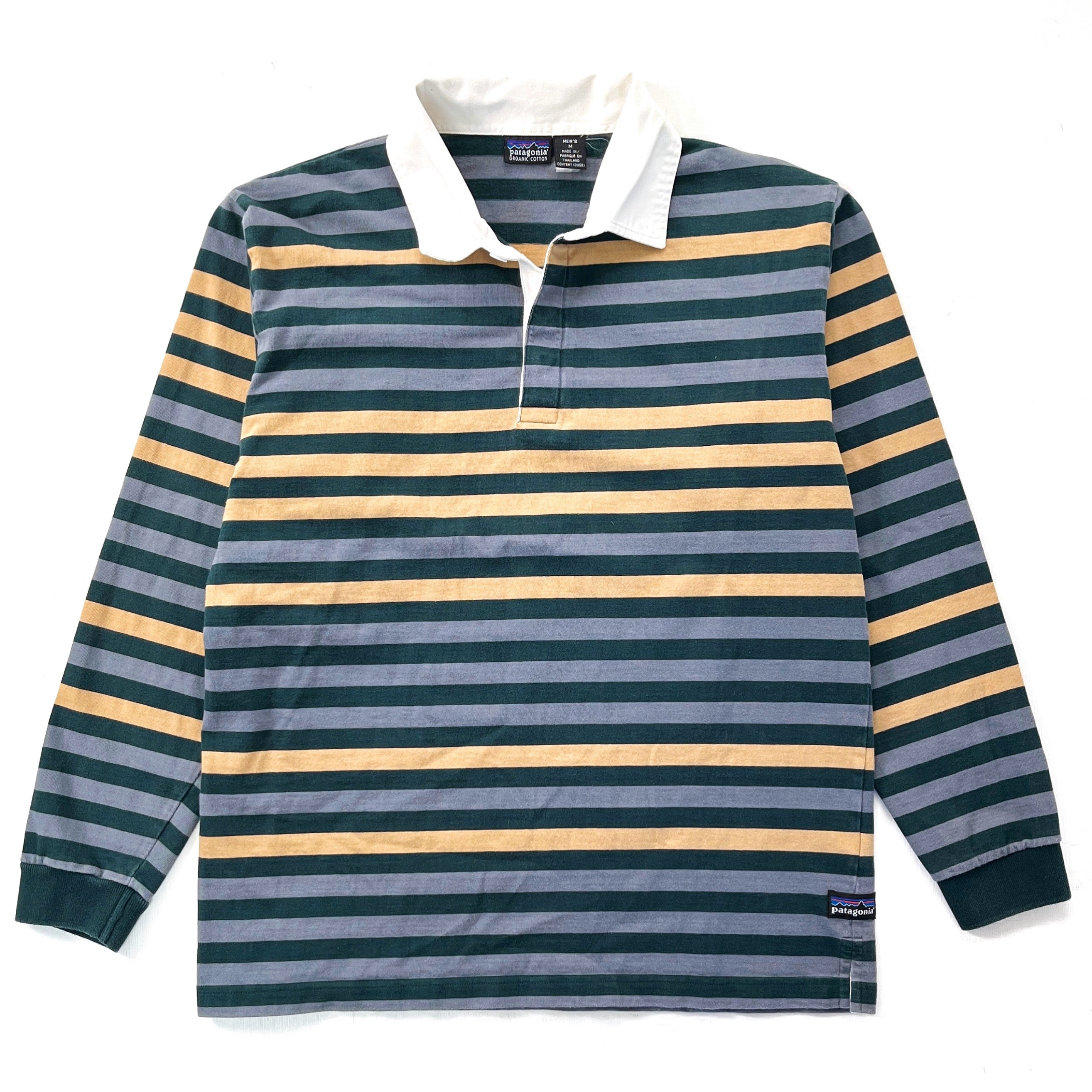 2002 Patagonia Organic Cotton Rugby Shirt, Light Grey & Gold Striped (M)