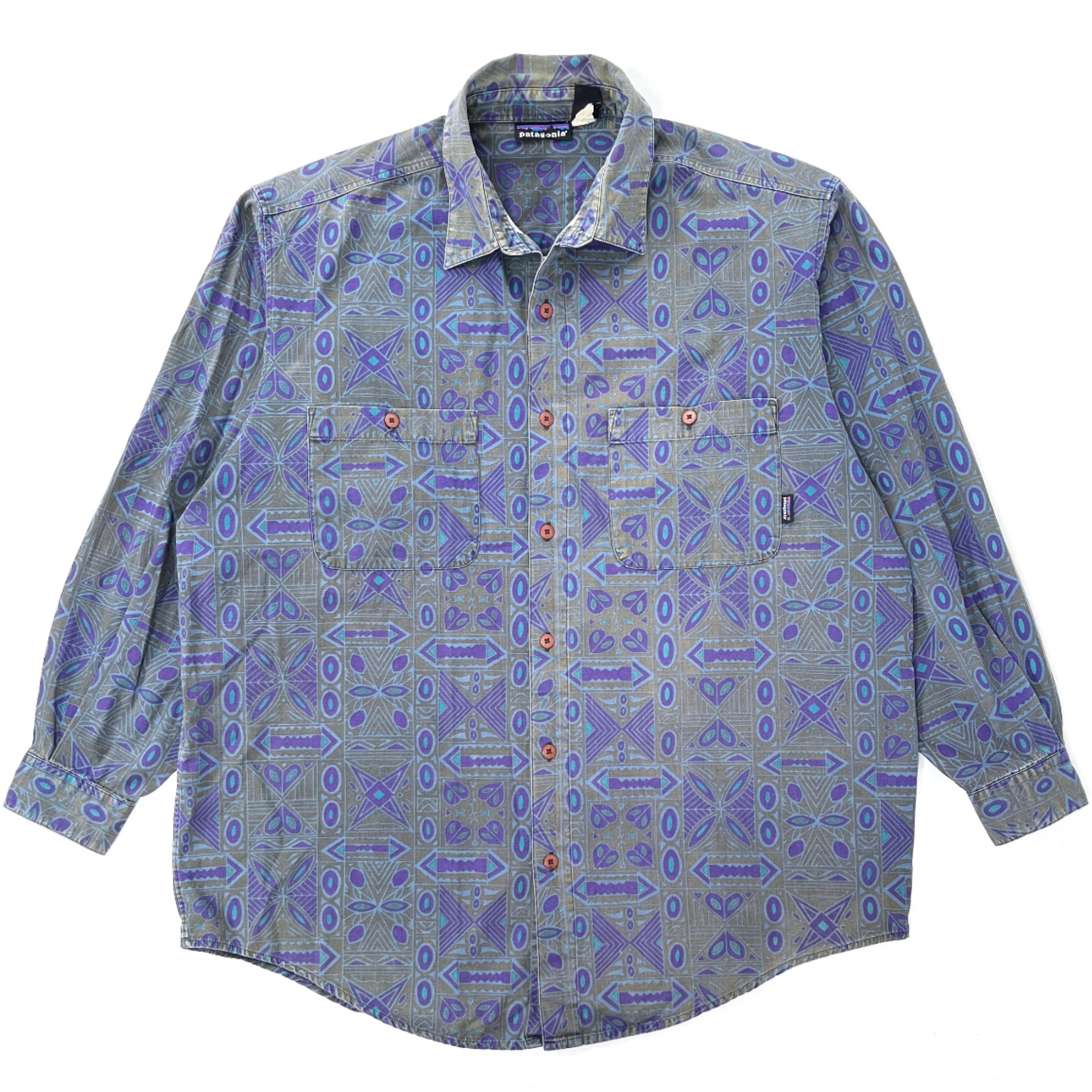 1993 Patagonia Lightweight Cotton Button-Down Print Shirt, Totem Print (XL)
