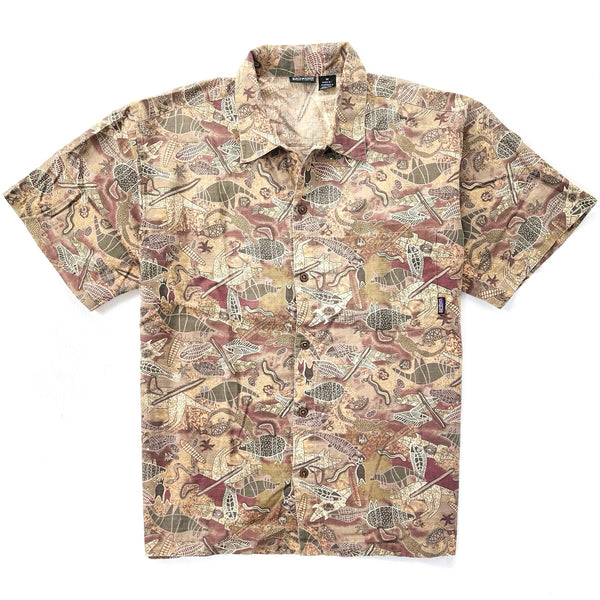 1999 Patagonia Mens Air Conditioned Cotton Print Shirt, Wombat: Olive (M/L)