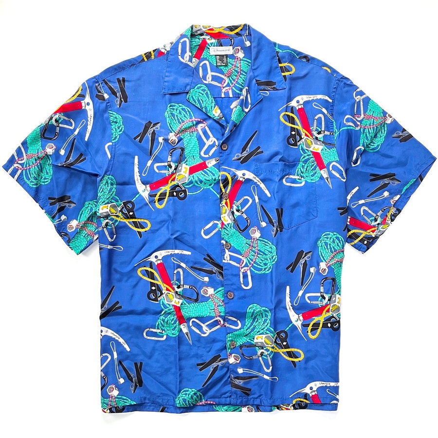 1980s Chouinard Equipment Mens Rayon Hawaiian Shirt, Climbing Gear Print (XL)