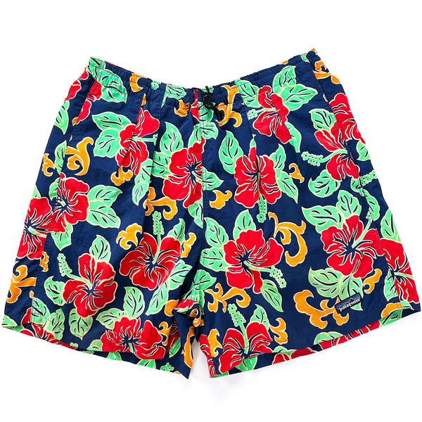 1996 Patagonia 5” Printed Pleated Nylon Baggies Shorts, Tropical Print (L)