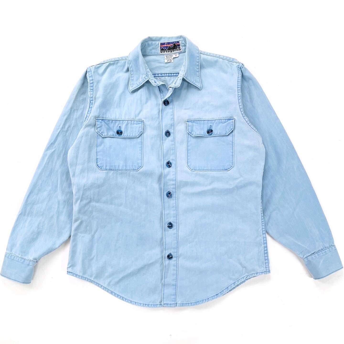 1970s Patagonia “Big Label” Cotton Canvas Shirt, Light Blue (S/M)