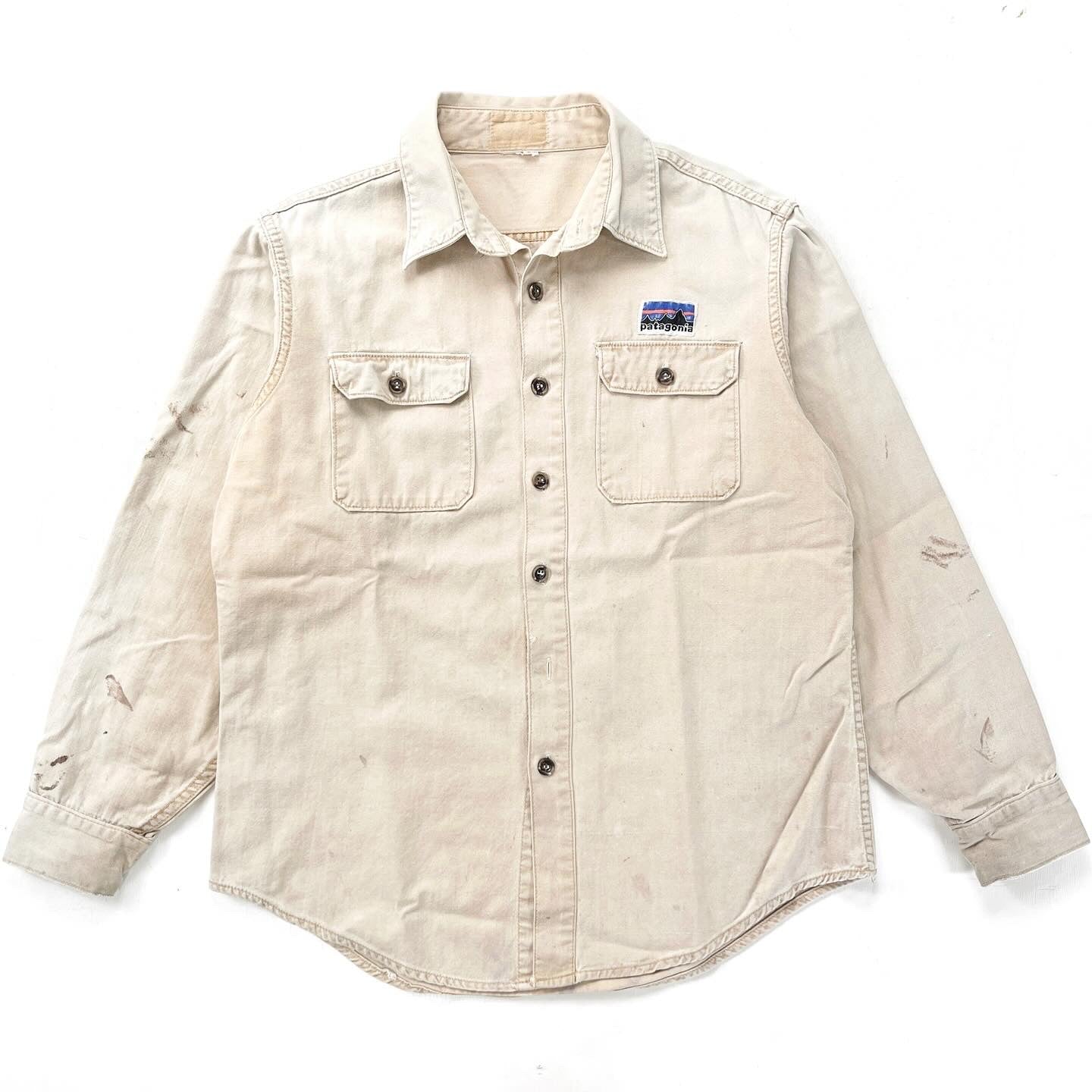 1970s Patagonia “Big Label” Original Cotton Canvas Shirt, Faded Tan (L)