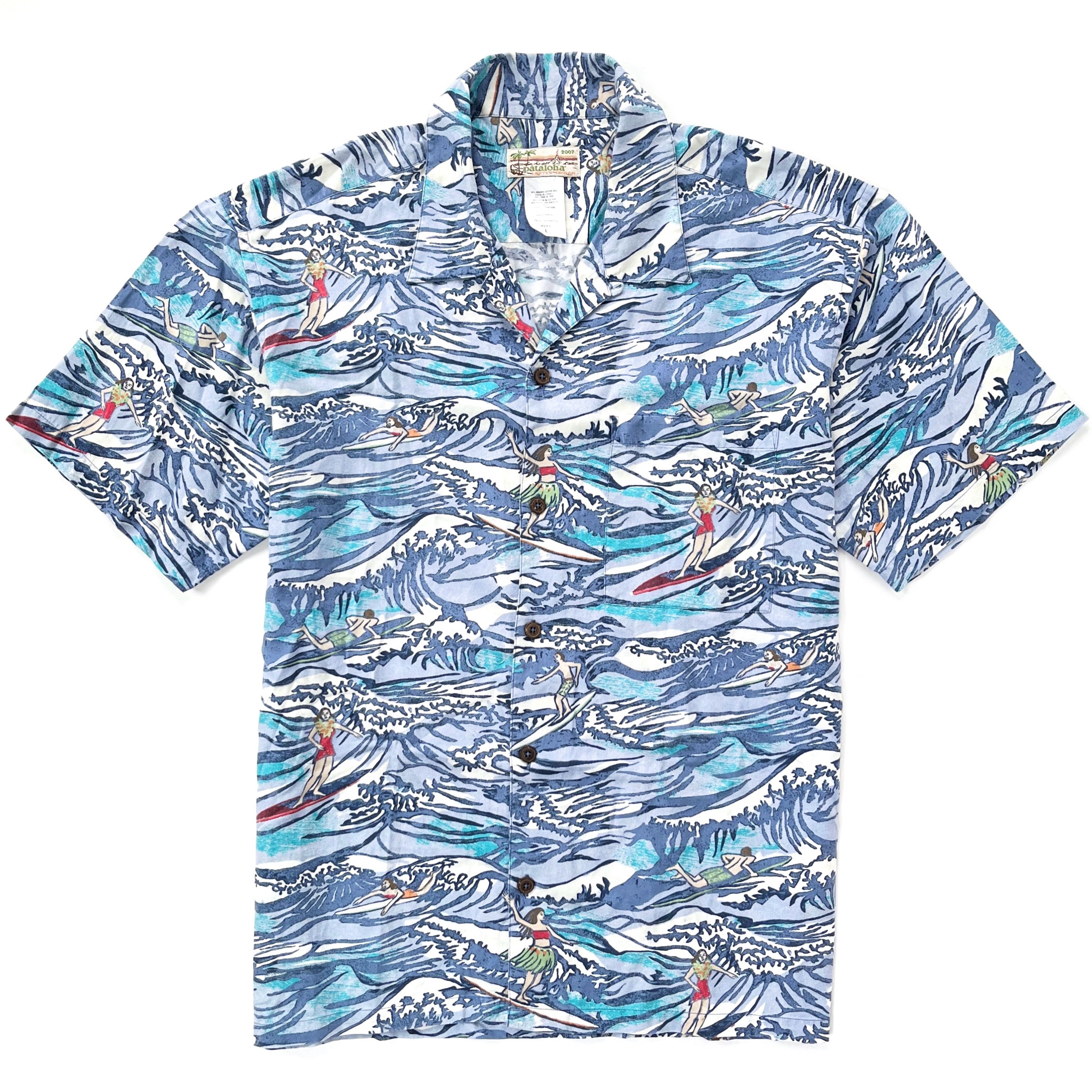 2007 Patagonia Limited Edition Pataloha Print Shirt, Hokusai Surfers: Orbit Blue (L)