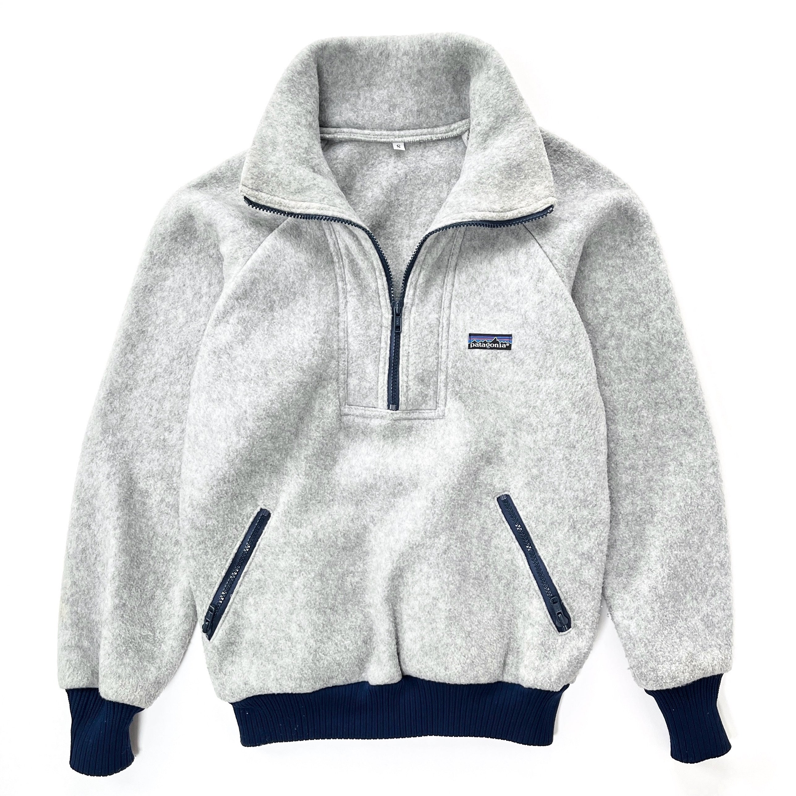 1980s Patagonia Big Label Bunting Half-Zip Fleece Pullover, Light Grey & Navy (S)