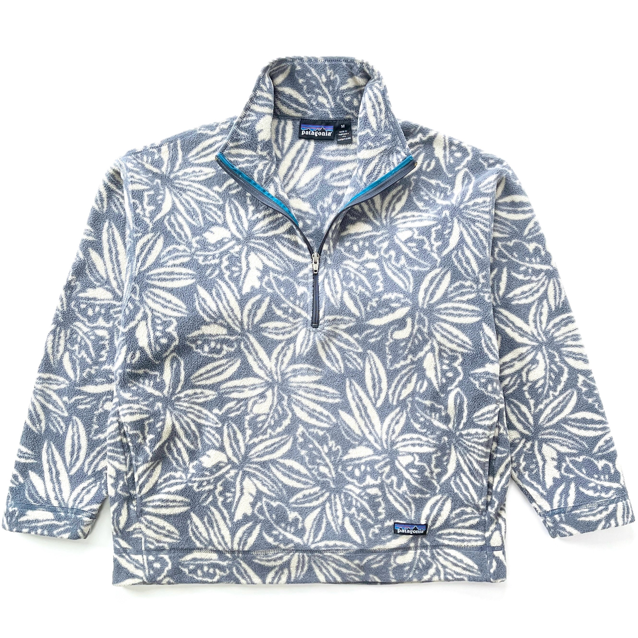 1995 Patagonia Made In The U.S.A. Printed Synchilla Sweater, Tropical: Steel Blue (L)