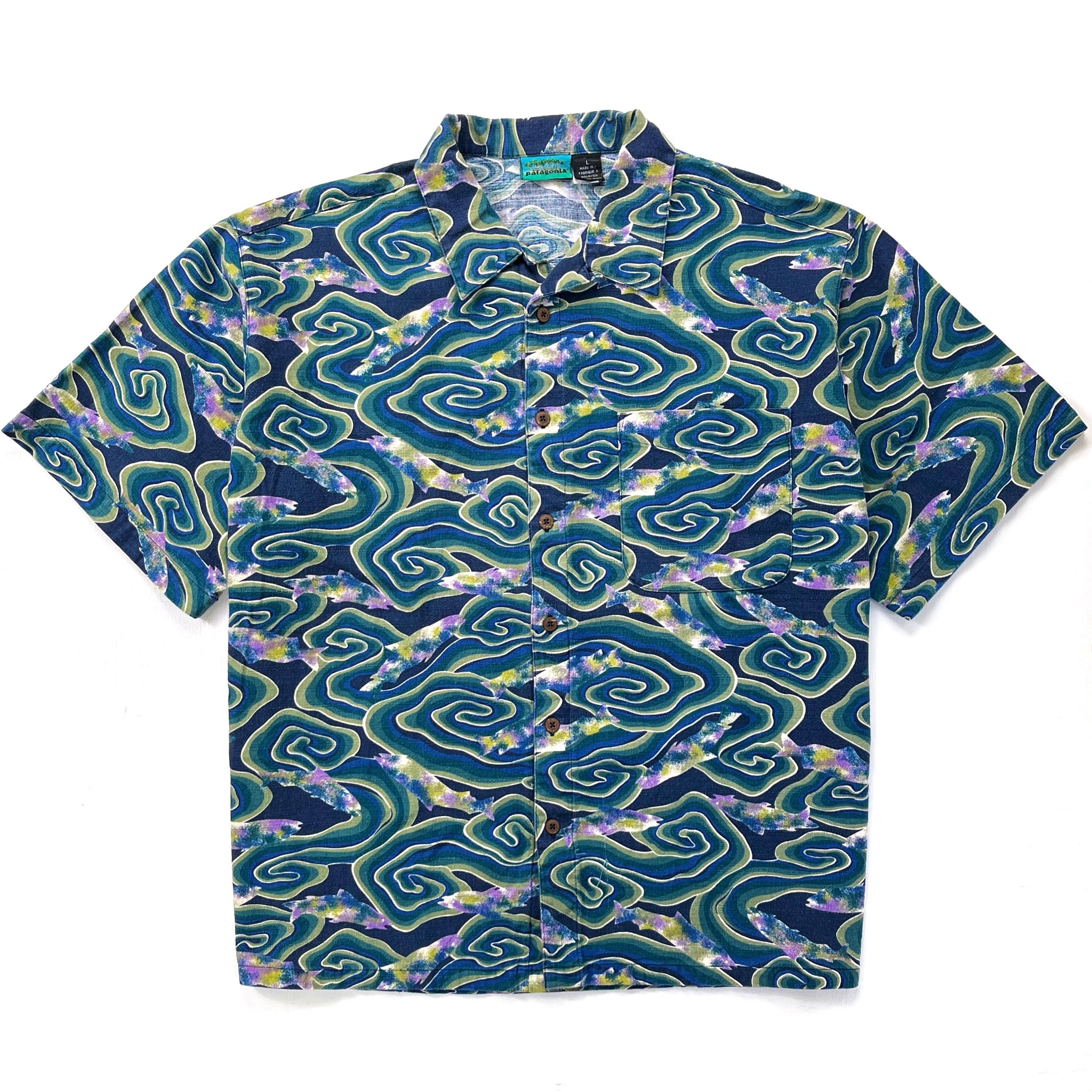 1994 Patagonia Mens A/C Cotton Print Shirt, Java Fish: Indigo (L/XL)