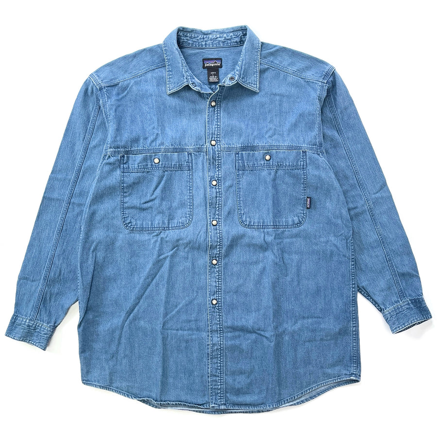 1990s Patagonia Made In Portugal Pearl Snap Cotton Denim Shirt, Medium Blue (L/XL)