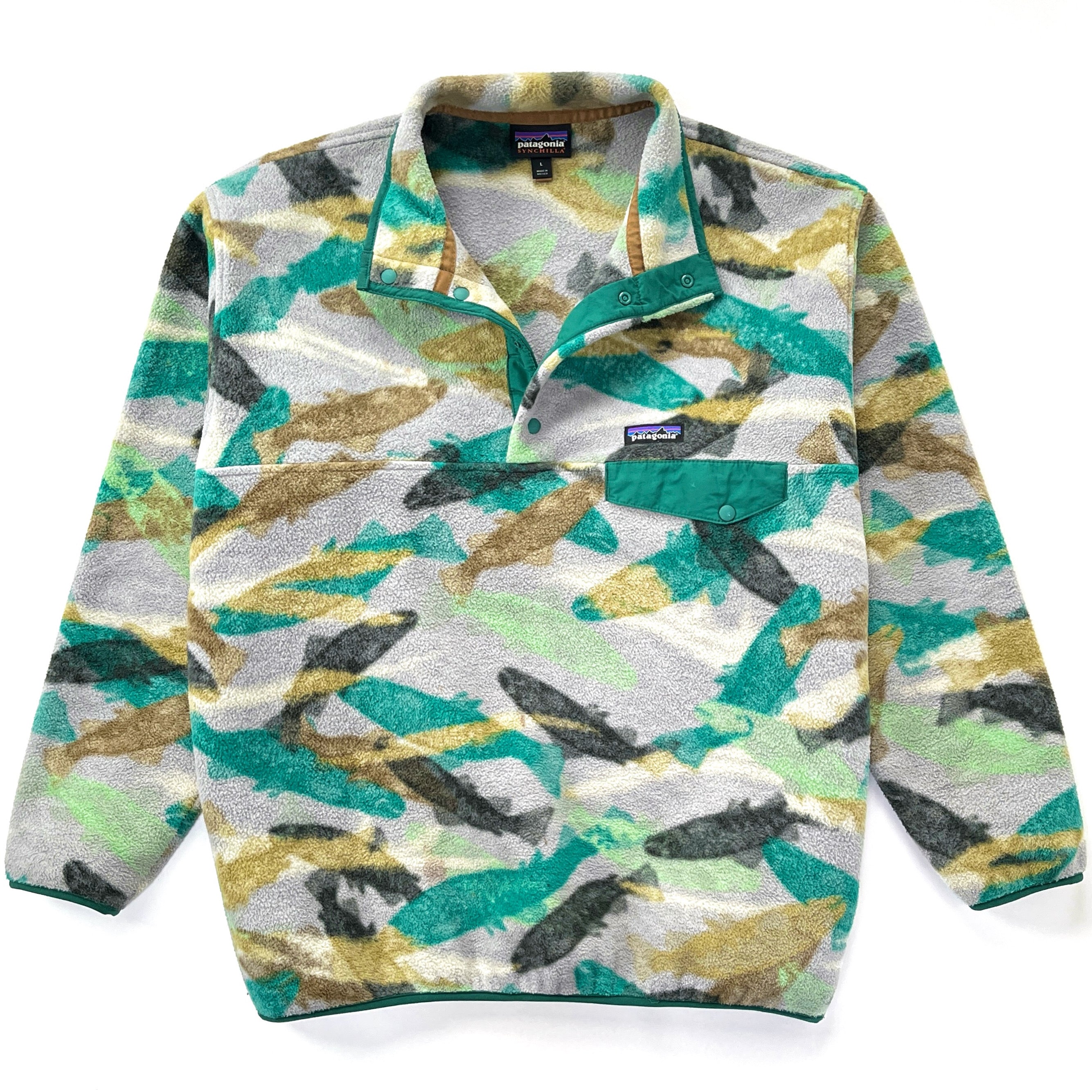 2016 Patagonia Printed Synchilla Snap-T, Trout Tails: Legend Green (L)