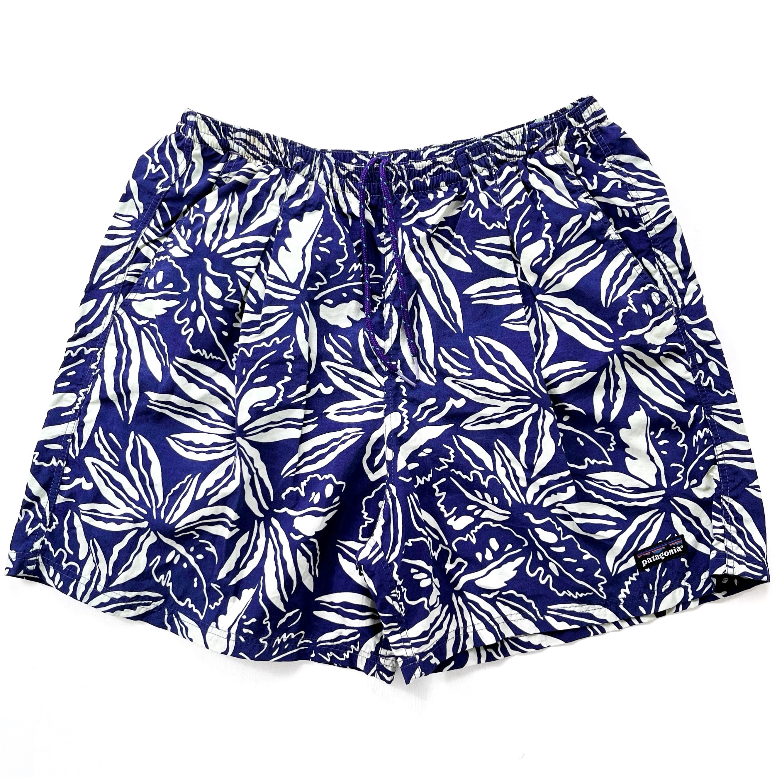 1994 Patagonia 5” Printed Nylon Baggies Shorts, Tropical: Navy Blue (S)