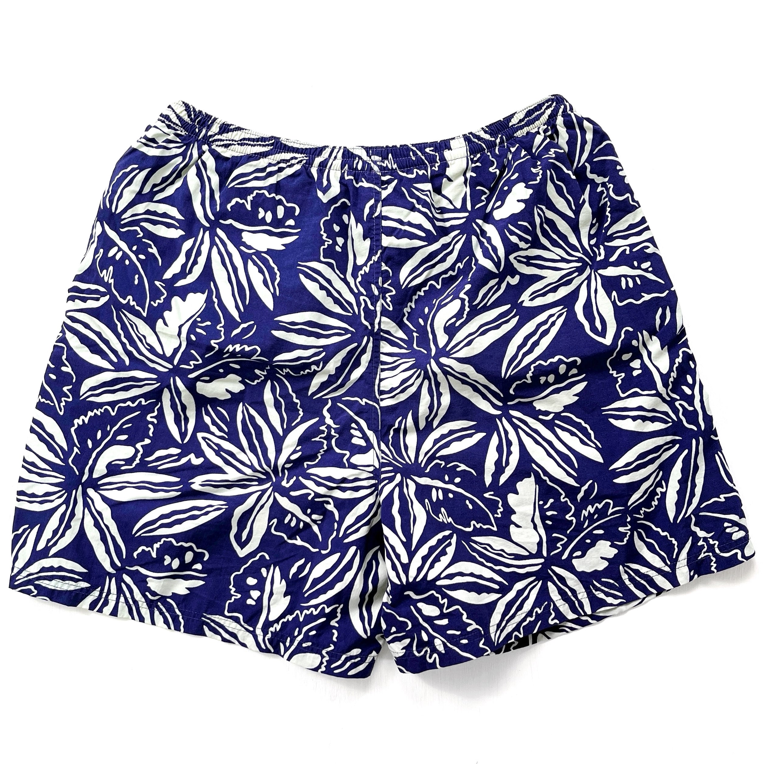 1994 Patagonia 5” Printed Nylon Baggies Shorts, Tropical: Navy Blue (S)