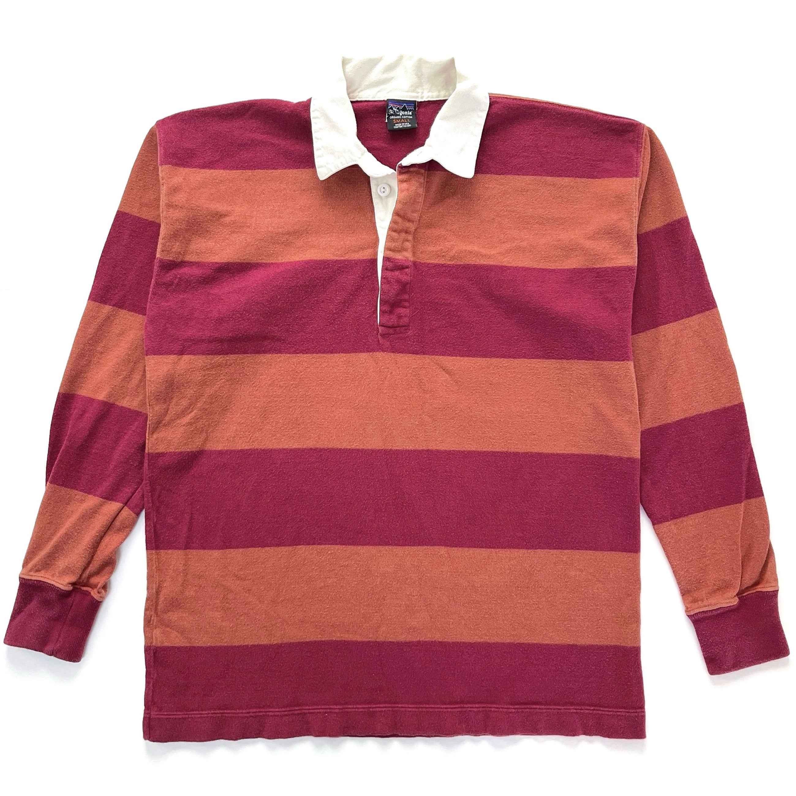1995 Patagonia Made In The U.S.A. Rugby Shirt, Burgundy & Orange (S)