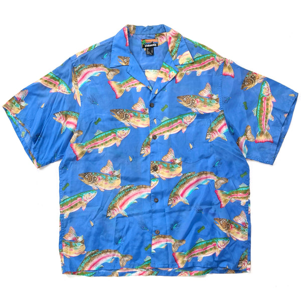 1985 Patagonia First Edition Pataloha Hawaiian Shirt, Rainbow Trout (L)