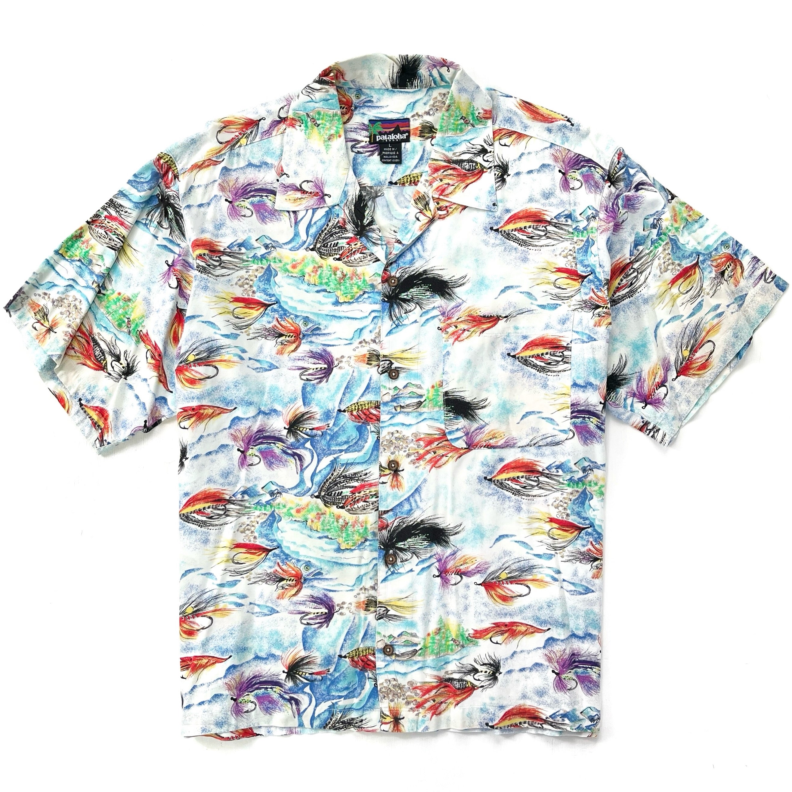 1993 Patagonia Mens Pataloha Print Shirt, Fly Fishing Print (L/XL)