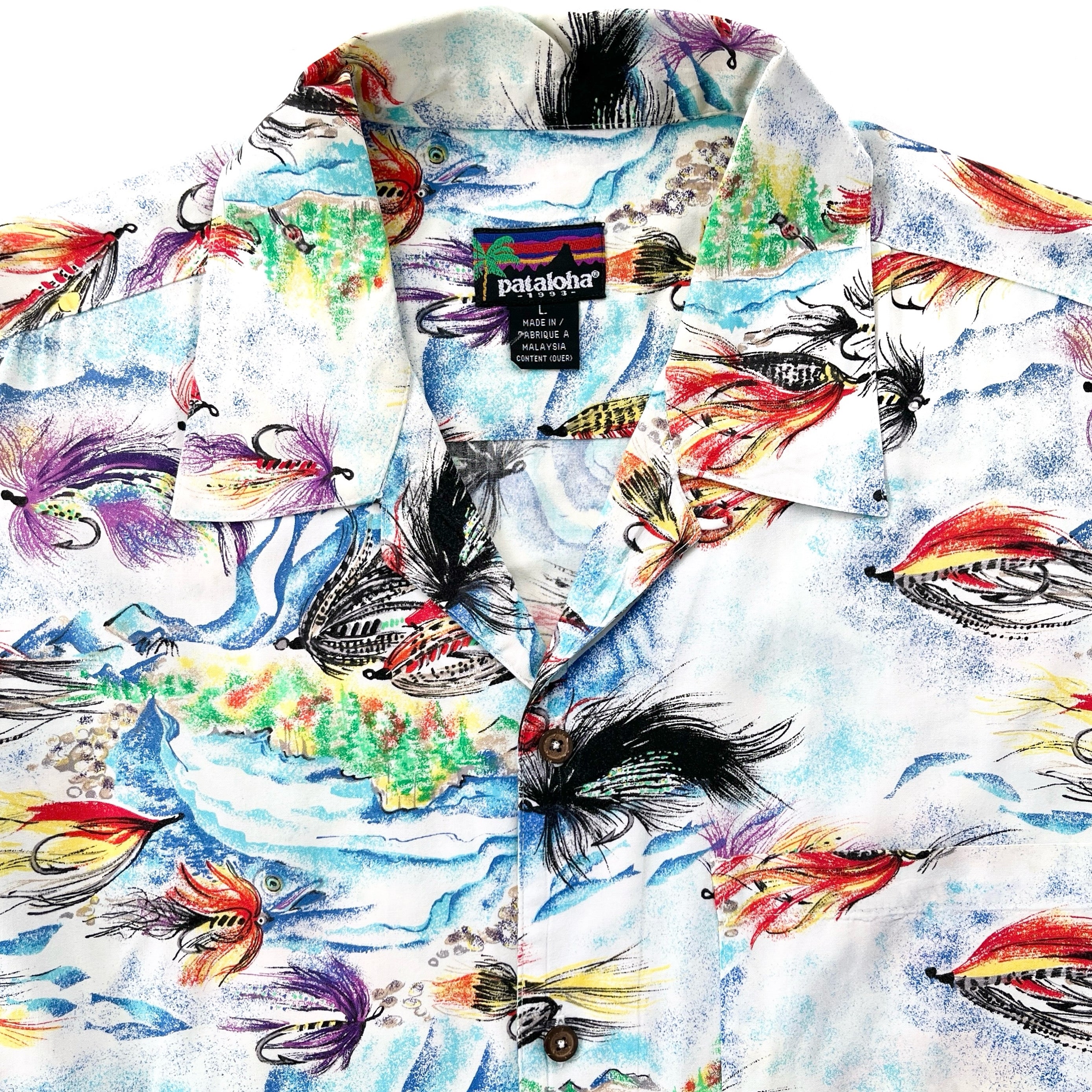 1993 Patagonia Mens Pataloha Print Shirt, Fly Fishing Print (L/XL)