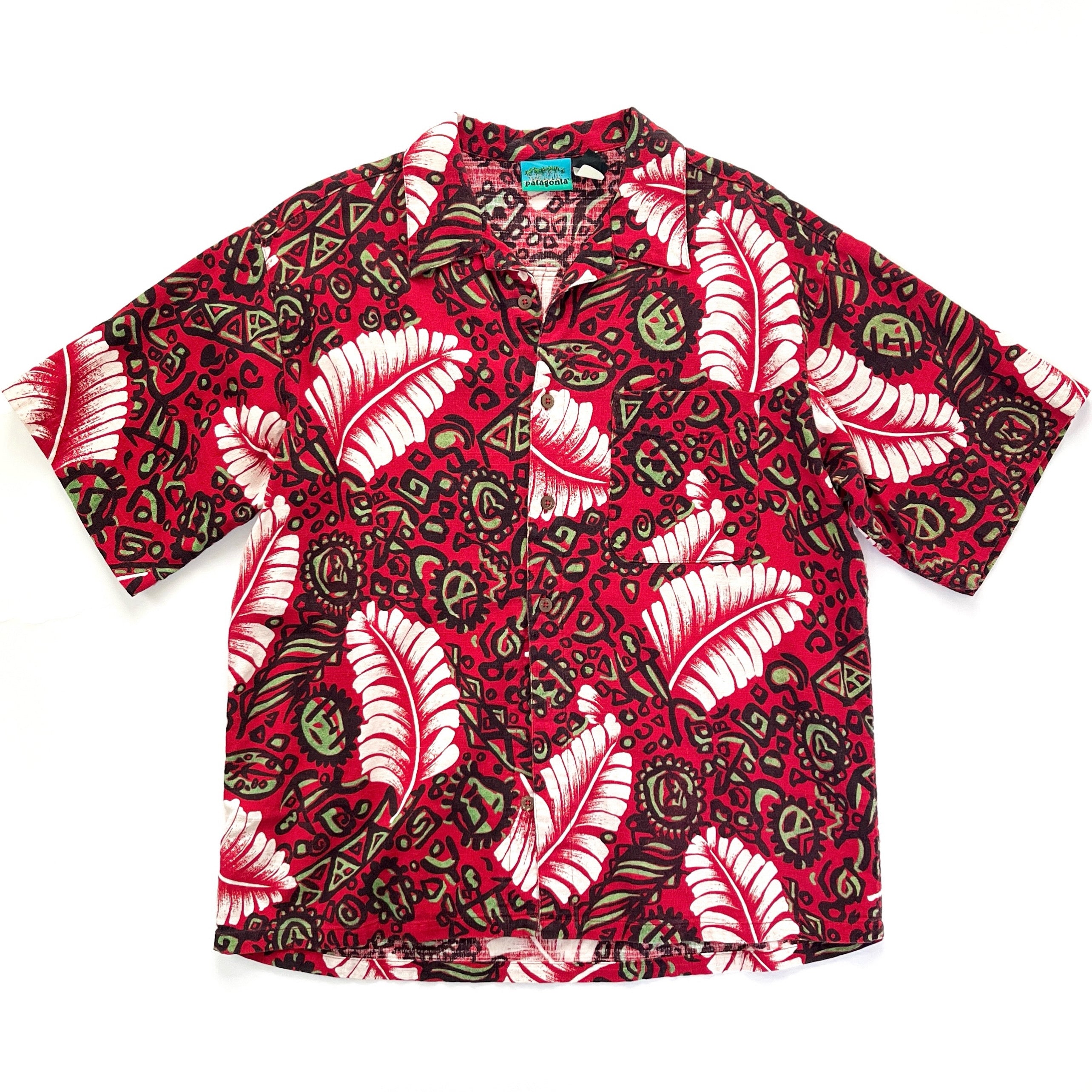 1994 Patagonia Mens A/C Cotton Print Shirt, Palm Leaf Print: Red
