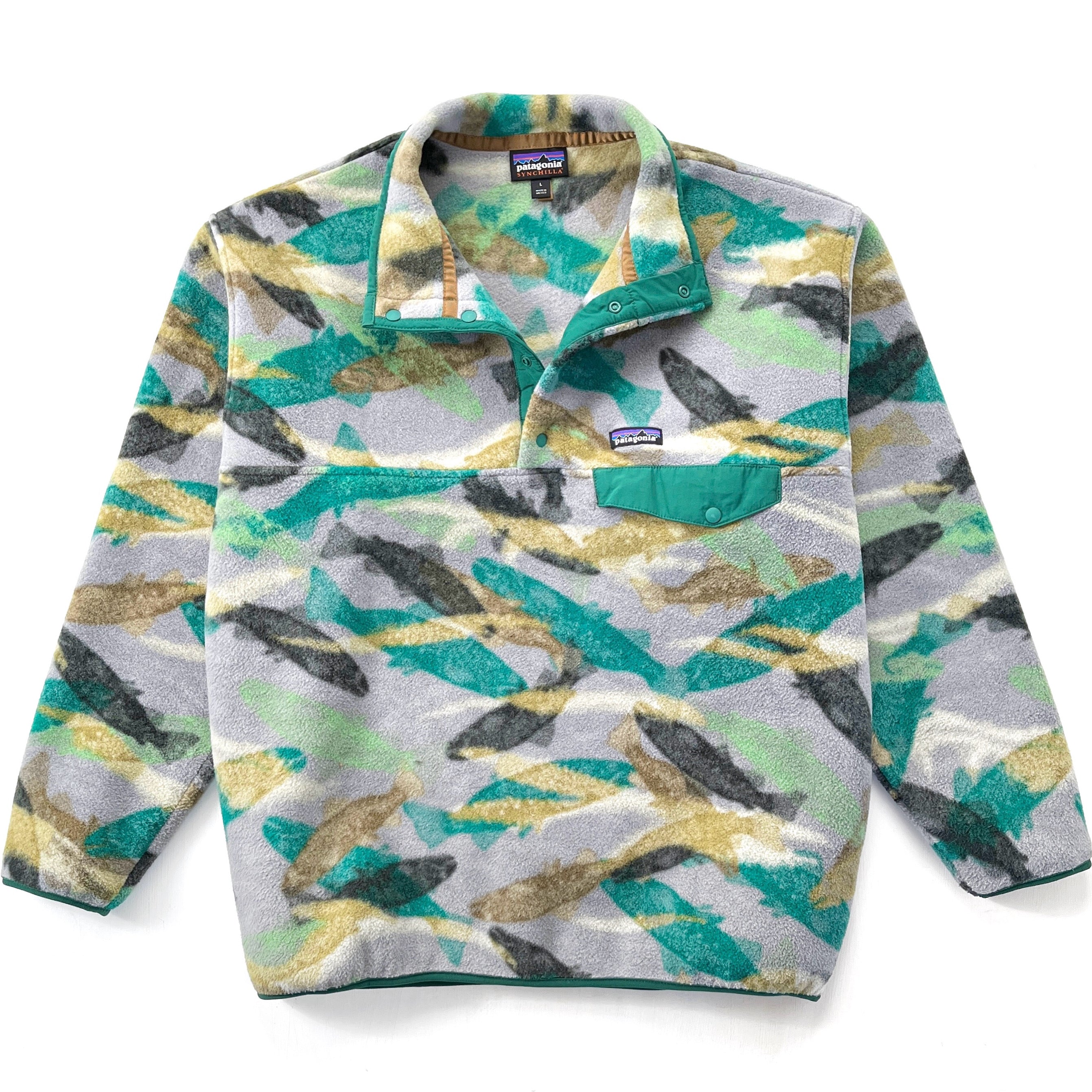 2016 Patagonia Printed Synchilla Snap-T, Trout Tails: Green (L)